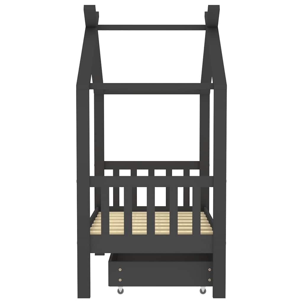 Cama infantil con cajón, color gris oscuro, madera maciza de pino, 70 x 140 cm, somier, espacio de almacenamiento, marco de cama, casa de juegos, habitación infantil