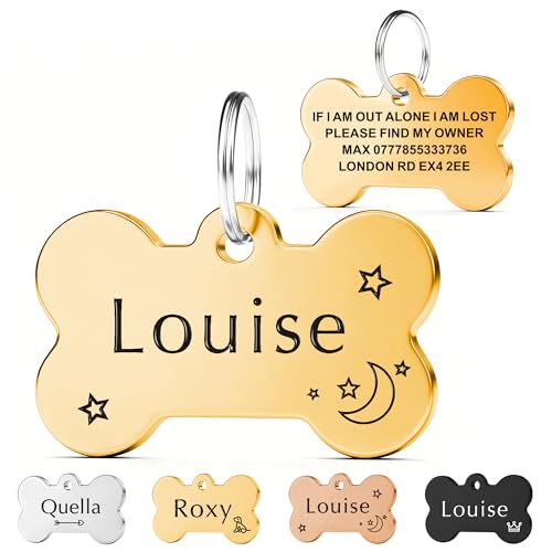 EDSG Personalised Dog Tags for Pets Engraved UK Cat Dog Name Tag Identify Tag for Pet Doggy Kitten Kitty Puppy Deep Engraved Scratch Resistant ID Tag Choice of Sizes & Colours & Shapes (Gold Bone)