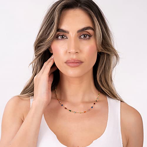 Barzel 18K Gold Plated Oval Multicolor Stone Crystal Necklace For Women - Made In Brazil #TOP2