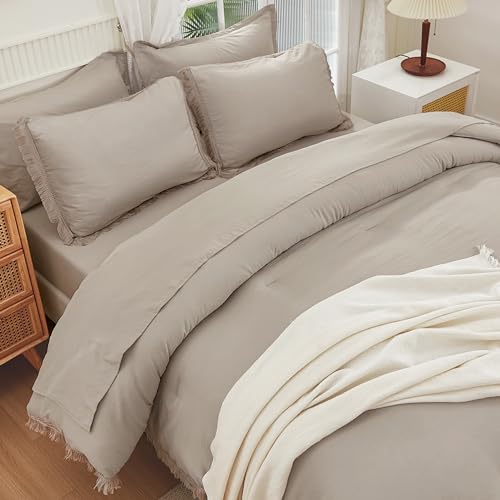 Image of Andency Wheat Full Size Comforter Set with Sheets - 7 Pieces Boho Tassel Bed in a Bag Soft Lightweight Bedding Sets, Wheat Fringe Bed Set with Comforter, Sheets, Pillowcases & Shams