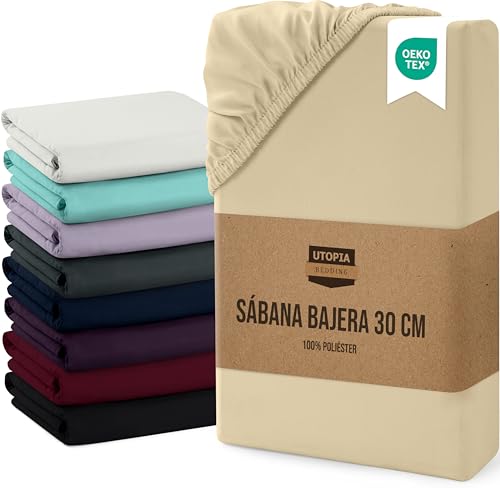 Utopia Bedding Sabana Bajera 135x190x30 cm - Beige - Bolsillo Profundo - Microfibra de Poliéster Cepillado (Cama 135)
