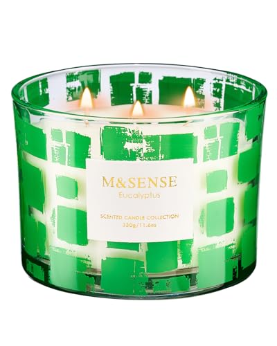 M&SENSE Eucalyptus Scented Candle, Soy Wax 11.6oz 60 Hours Long Lasting Burn, 3 Wick Organic Highly Scented Holiday Candle for Home, Party Ambiance, Fall/Winter Relaxing Gifts for Women