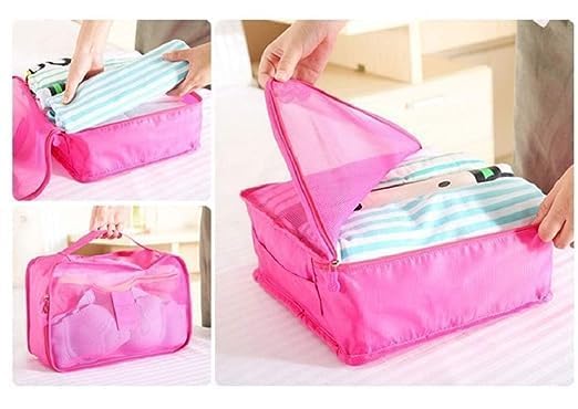 Image of 6 in 1 Polyester Secret Pouch Travel Bag Packing Cubes Laundry Bag with Undergarments & Cloth Storage Organizer Travelling Set /Suitcase Cloth Cube Bag (PINK 6 in 1 Travel Bag)