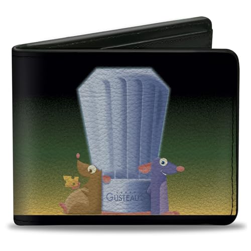 Buckle-Down Men's Disney Wallet, Bifold, Ratatouille Emile and Remy Chef Hat Pose and Text Logo Greens, Vegan Leather, 4.0
