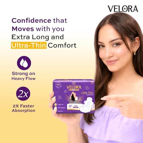 Image of Velora Ultra Thin Trifold Sanitary Pads for Women and Girls, 2X Absorption, Skin Friendly, Heavy Flow, Double Flaps, Cotton-y Soft, Wider Back Sanitary Napkins, 320mm Size, 30 Pads