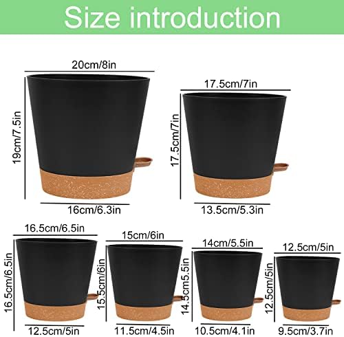 wintfarm 6 Pack Plastic Plant Pots Indoor, 8/7/6.5/6/5.5/5 Inch Modern Self-Watering Planters for Plants, Flower Pots with Drainage Holes and Trays(Black)