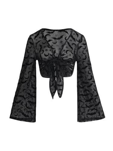 Verdusa Women's Y2k Gothic Clothes Sheer Mesh Top Tie Bell Sleeve Printed Wrap Blouse Shirt