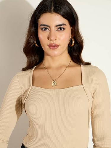 Image of sassafras Women's Slim Fit Full Sleeves Rib Square Neck Ribbed Basics - Casual Ribbed T-Shirt Tops