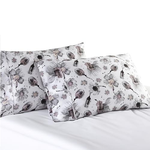 Southshore Fine Living, Inc. Grand Symphony Collection Floral King Size Pillow Cases Set of 2, Cotton Pillowcases King Size, Silky Soft Sateen Pillow Cases for King Beds 20" x 40", Grey