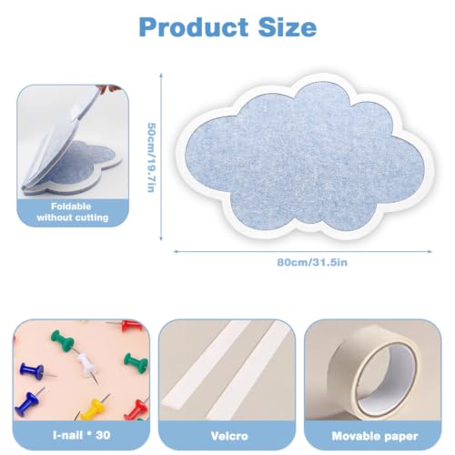 Image of Cute Cloud Felt Pin Board Self Adhesive Corkboard Alternative,Home Office Felt Vision Bulletin Board DIY Wall Display Panel for Photos Memos Messages,15.7x23.6inch-Sky Blue