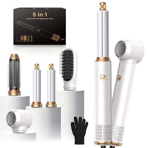 Image of Hair Dryer Brush Set 5 in 1, Hot Air Styler Negative Ion Air Curling Wrap Air Curler, Round Brush Blow Dryer Curling Iron Hair Styling Tools Gift for Dry,Volumize, Straight,Curl,100-120V