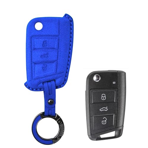 Image of KMH Alcantara Car Key Cover Compatible with Volkswagen Polo Vento Jetta Ameo Passat and Skoda Rapid Laura Superb Octavia Fabia Yeti 3 Button Shell Case Keycover with Keychain (D1) Blue - Pack of 2