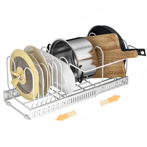 Rievem Extendable Pot Lid Organizer with Handle Holder & 10 Dividers - Flexible Kitchen Rack for Pots, Pans, Baking Trays, Plates, Chopping Boards, Cupboard & Drawer, White