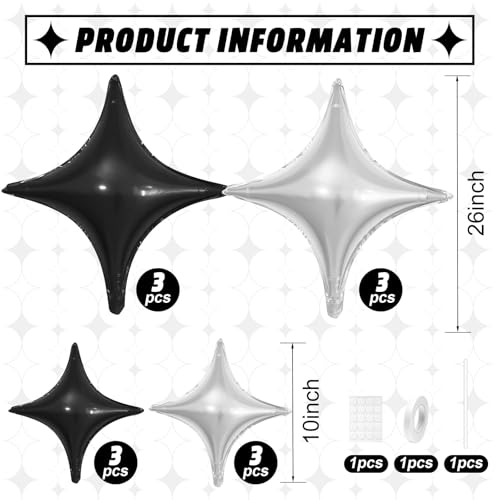 Image of Black Silver Star Balloons,12Pcs Four Angle Star Foil Balloons | 26Inch and 10Inch Black Silver Quadrangle Star Helium Balloon for Birthday Baby Shower Wedding Party Decorations