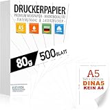 Druckerpapier 80g weiß A5-500 Blatt – Blatt - PREMIUM PAPIER Reinweiß - Kopierpapier, Laserdrucker & Tintenstrahl für Uni, Fotografie, Büro & Office - MADE IN GERMANY - ACHTUNG DIN A5