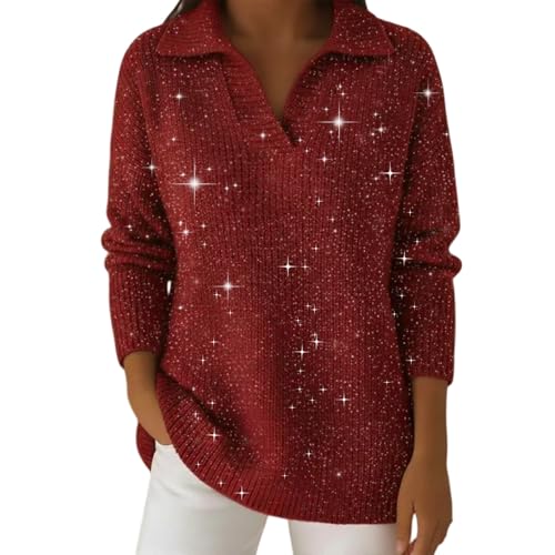 Haut paillettes femme manches longues col polo col en V coupe ample confortable