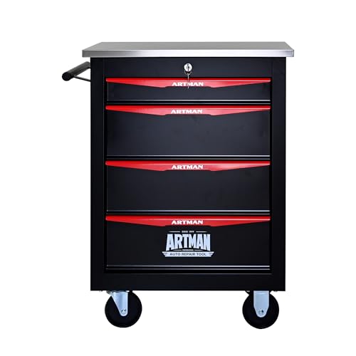 4-Drawer Heavy-Duty Rolling Steel Tool Cart with Handle&Wheels, Metal Storage Organizer Cabinet, Tool Chest for Efficient Tool Storage in Garage, Warehouse, Workshop, Repair Shop, Black&RED