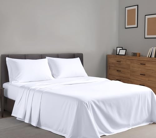 RUVANTI 100% Cotton Full Size Bed Sheets, 4 Pieces, Soft & Breathable Percale Weave Bedding, Deep Pocket 16", Hotel Standard, Crisp Cool Feel, Durable, Perfect Sheet Set Dyed, Bright White