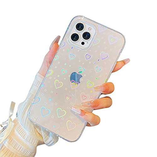 PHYLLA Luxury Laser Colorful Love Heart Phone Case Compatible with iPhone 13 Pro Max 6.7 inches 5g Square Transparent Shockproof Cover Bumper for Women Girls (Clear)