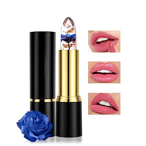 Trendyfave Colour Changing Lip Balm,Crystal Waterproof Non-Stick Cup Lip Gloss,Clear Flower Jelly Lipstick,Non Fading Moisturizer Lip Balm,Magic Lipsticks for Women Long Lasting -Blue Rose