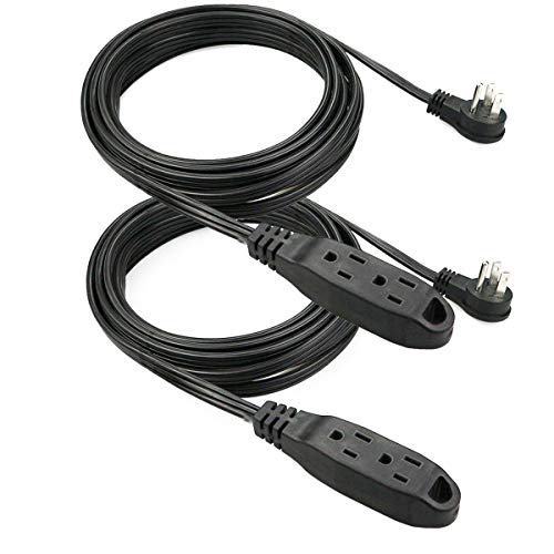 ClearMax 3-in-1 Electrical Power Outlet 3 Conductor Wire Extension Cord; 3 Prong Space Saving Flat Head Plug for Indoor and Outdoor Use; 15 Feet; Black (Pack of 2)