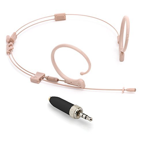 Que Audio QA22 BE Dual-Ear Omnidirectional Headworn Headset Microphone for Speaking or Singing - SEL Adapter for Sennheiser Wireless Included + Windscreens, Clip and Case - Beige
