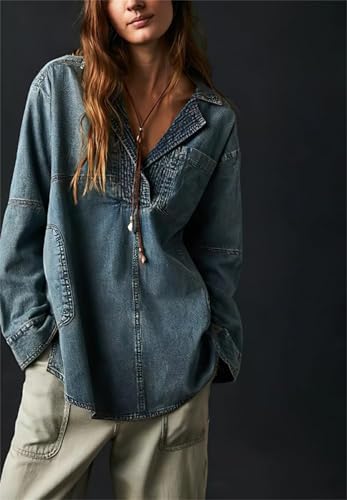 Women's Denim Pullover Casual Button V Neck Blouse Loose Fit Long Sleeve Jean Jacket Blouse with Pocket2