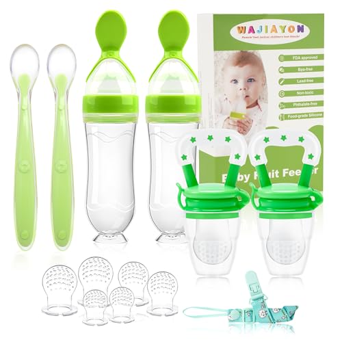 WAJIAYON Baby Fruit Feeder Pacifier - 6 Pack | 2 Infant Fruit Food Feeder Pacifier & 2 Food Dispensing Spoon | Fresh Fruit Teethers for Babies | Silicone Feeder Baby,Mesh teethers for Babies (Green)