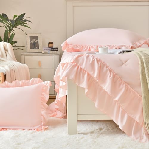 Image of Cupocupa Blush Pink Comforter Set Queen, 3Pcs Comforters Queen Size Ruffle Farmhouse Bedding Sets Queen with Comforter, Lightweight Soft Shabby Chic Bedding Comforter Set Fluffy for All Season