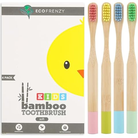 EcoFrenzy - Kids Bamboo Toothbrush - Child Size Soft BPA Free Color Safe Bristles (4 Pack) Cover