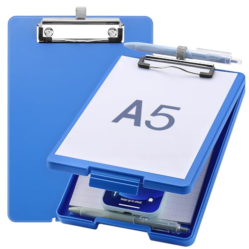 Meiikun Small Clipboard with Storage, A5 Clipboards with Pen Holder, Half Letter Clip Boards 6x9 Mini Plastic Clipboard with Low Profile Clip for Classroom, School, Office Supplies (Blue)