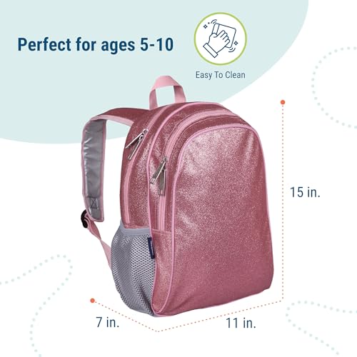 Image of Wildkin 15 Inch Backpack for Kids, Pink Glitter | Ages 5-10, padded straps, side water bottle pocket - coordinates with matching Wildkin lunch boxes