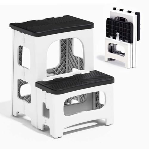 2 Step Stool Foldable, Non-Slip Steps, Folding Step Stool for Adults & Kids, Plastic Stool Pool Ladder, Collapsible Stools 2 Step Ladder for Kitchen Toilet Bedroom Office RV, Holds 330 lbs