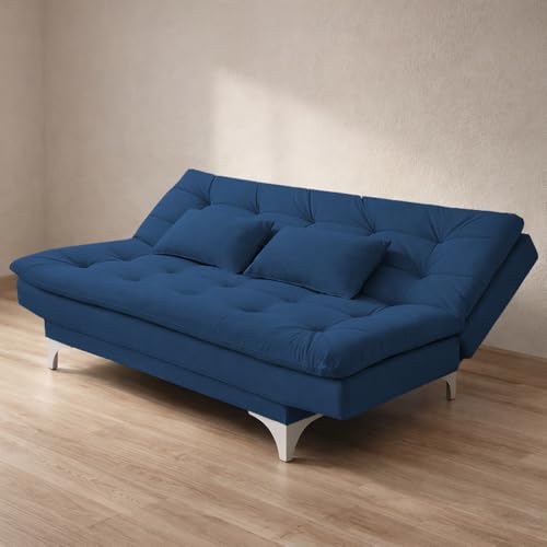Image of Krancy Solid Wood 3 Seater Sofa Cum Bed with Ottomon | Convertible Wooden Couch for Living Room, Home & Office | Modern Designer Furniture | 1 Year Warranty | Blue Color