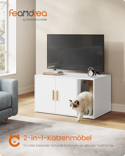 Feandrea Katzenklo-Schrank, Moderne Katzentoilette, Katzenhaus, Vordereingang, Doppeltüren mit Griffen, Beistelltisch, für Wohnzimmer, 80 x 50 x 45 cm, mattweiß PCL020WB02 – Bild 3