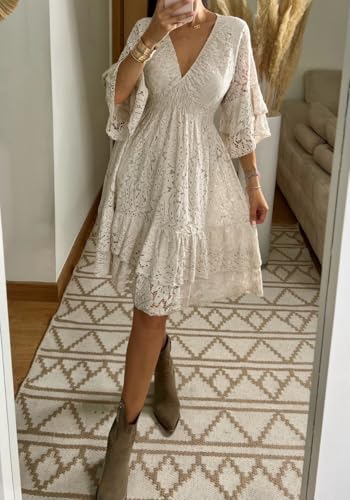 Robe trapèze blanche en dentelle fluide col V confortable - 7