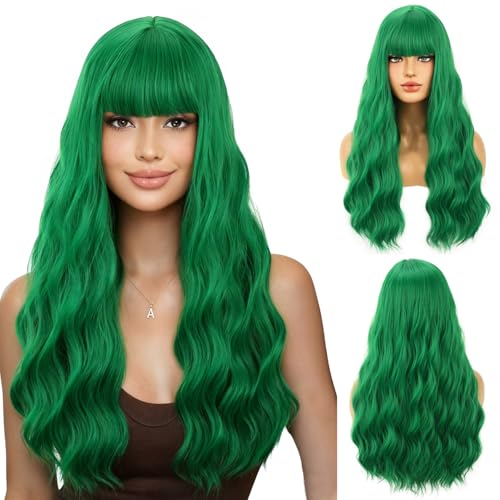 BERON 26 Inches Emerald Green Wig Long Curly Green Wig with Bangs for Women Daily Party Hairnet Include