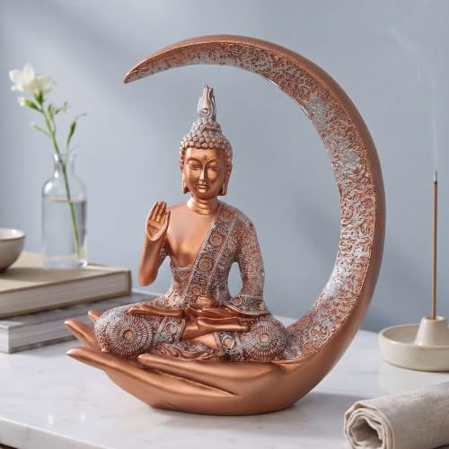Image of Antique Big Meditating Moon Buddha Statue Showpiece for Home Decor - Living Room - House Warming - Office - Gifting - Buddha Idol Polyresin Decorative Figurine (9 Inch / 23 cm, Gold, Silver)