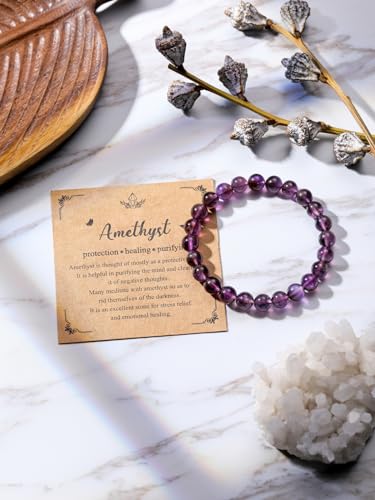 Jovivi Amethyst Crystal Bracelets for Women Men - 8mm Handmade Natural Semi Precious Gemstone Beaded Bracelets, Round Stone Beads Stretch Bracelet, Healing Yoga Bracelets Jewelry Gifts - Thumbnail 2
