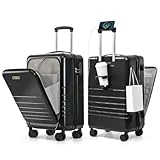 Fagoza Hardside - Equipaje de mano aprobado por aerolíneas de 22 x 14 x 9 pulgadas con bolsillo frontal, puerto de carga USB y portavasos, Negro -, 22x14x9, Equipaje de mano abierto frontal rígido PC