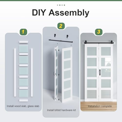 ROYMELO Bifold Barn Door 48x84 Inch (Double 24x84), White Frosted Glass Bifolding Doors with 52" Hardware Kit Included, Closet Sliding Wood Panel Slab, Save Space, Simple DIY Assembly by ROYMELO - Used condition - Image 4