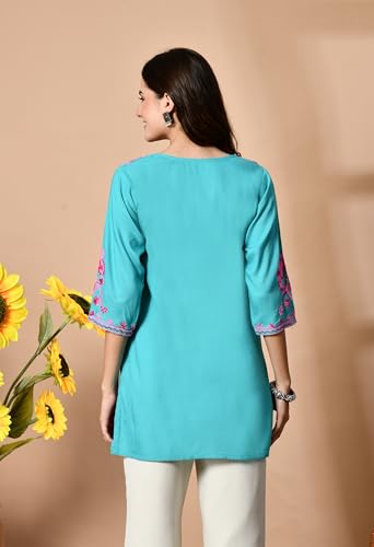 Image of LIBOZA Embroidered Kashmiri Tunic Top, Short Kurti for Women on Jeans, V-Neck, 3 /4 Sleeve, Floral Design,