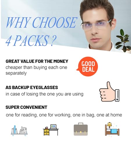 Image of 4 Packs Clear Reading Glasses 1.0 for Men Women Multipack Blue Light Blocking Semi-rim Readers 1.00 1.25 1.50 1.75 2.00 2.25 2.50 2.75 3.00 3.5 4.00