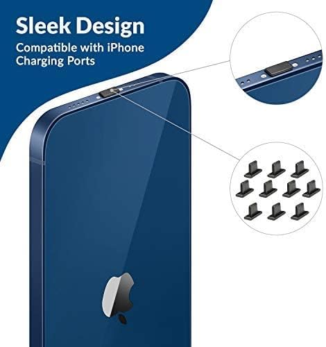 PortPlugs Anti Dust Plugs, (10 Pack) Compatible with iPhone 14, 13, 12, Pro, Mini, Flat Body Design, Charging Port Protection from Dust and Moisture, Includes Cleaning Brush (Black)