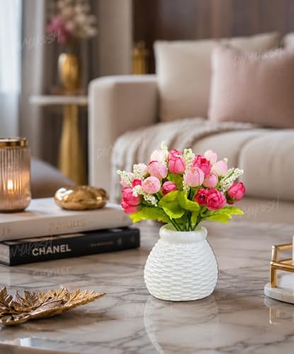 Image of Divyakosh Artificial Flower Peony Bunch with Plastic Vase for Home Decor, Small Pink Peonies Flower Arrangement with Vase, Flower Vase, Home Decoration Items for Living Room, Aesthetic Home Decor