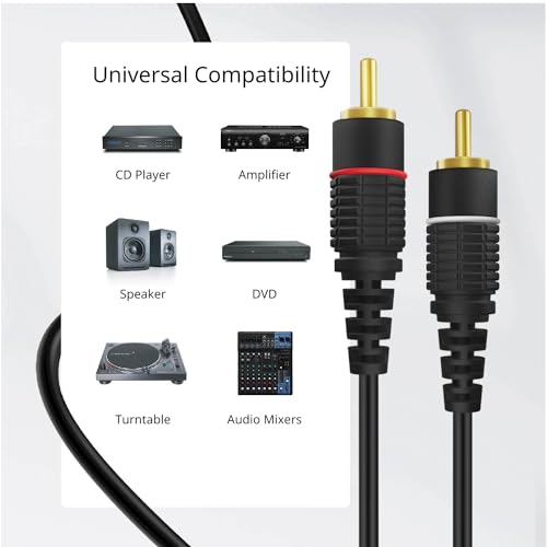 TNP RCA Cable 50 ft - Gold Plated 2 RCA Male to Male HiFi Stereo Cable - Red White Audio Cord Dual Shielded for Amplifier, Car Audio, Home Theater, Speaker, Subwoofer System, Black