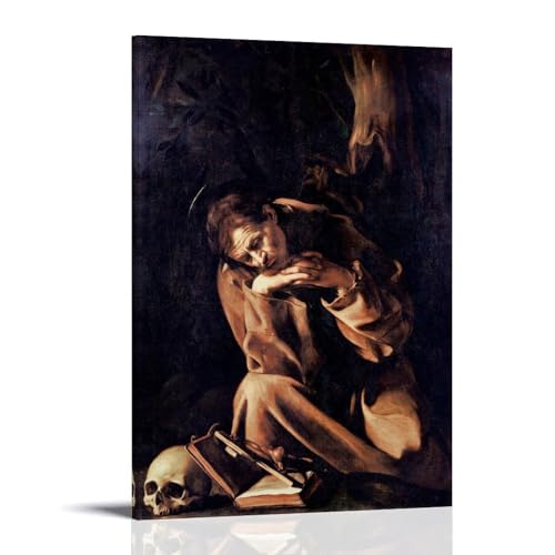Decorazione da parete religiosa barocca San Francesco in meditazione stampa di Michelangelo Merisi Da Caravaggio, con teschio e libro aperto Elementi Opere d'arte Stampa artistica da parete Pittura su