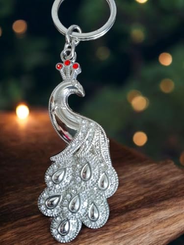 Image of DEBONAIR Decorative Peacock Keyring with Crystal Embellishments, Silver Metal, Red Crown Details
