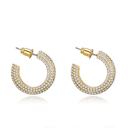 WOWORAMA Chunky Open Hoop Earrings for Women Gold Pave CZ Chunky Hoops Sparkly Crystal C Shaped Round Hoop Earrings Cubic Zirconia Thick Hoops Earrings