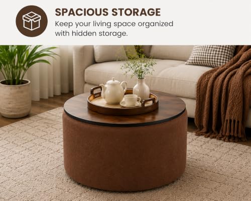 Image of Elegent Round Coffee Table with Wooden Top, Storage Ottoman Tables for Living Room, Centre Tables, Tea Tables, Farmhouse, Wood Drum Coffee Table (Brown)